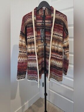 NWT Charlie B Long Jacquard Knit Cardigan Sweater Boho Fall Print Women Sz Large